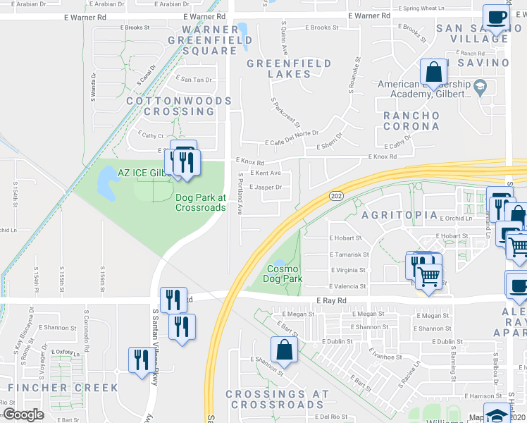 map of restaurants, bars, coffee shops, grocery stores, and more near 2504 East Sheffield Avenue in Gilbert