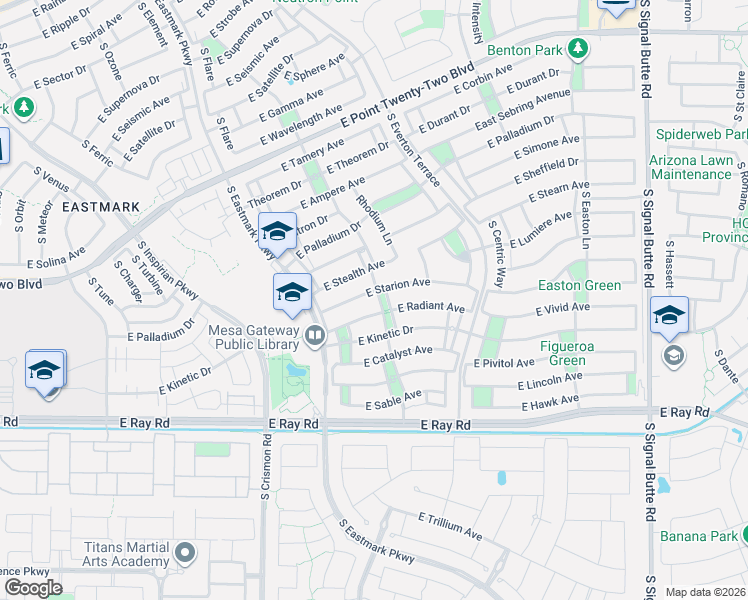 map of restaurants, bars, coffee shops, grocery stores, and more near 5001 South Dassault Way in Mesa