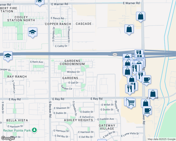map of restaurants, bars, coffee shops, grocery stores, and more near 1385 South Heron Lane in Gilbert