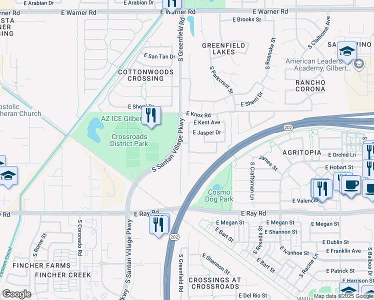 map of restaurants, bars, coffee shops, grocery stores, and more near 1360 South Portland Avenue in Gilbert