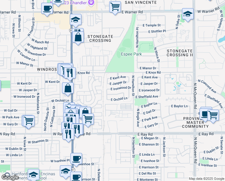 map of restaurants, bars, coffee shops, grocery stores, and more near 406 East Sheffield Avenue in Chandler
