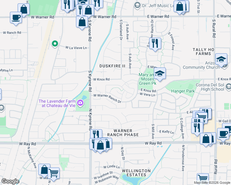 map of restaurants, bars, coffee shops, grocery stores, and more near 224 West Courtney Lane in Tempe