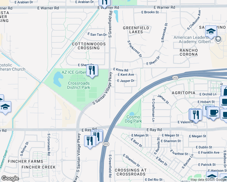 map of restaurants, bars, coffee shops, grocery stores, and more near 1360 South Portland Avenue in Gilbert