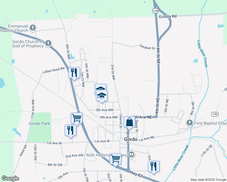 map of restaurants, bars, coffee shops, grocery stores, and more near 600-916 2nd Street Northwest in Gordo