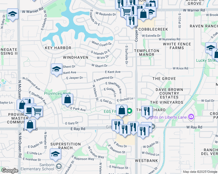 map of restaurants, bars, coffee shops, grocery stores, and more near 1621 East Golden Lane in Chandler