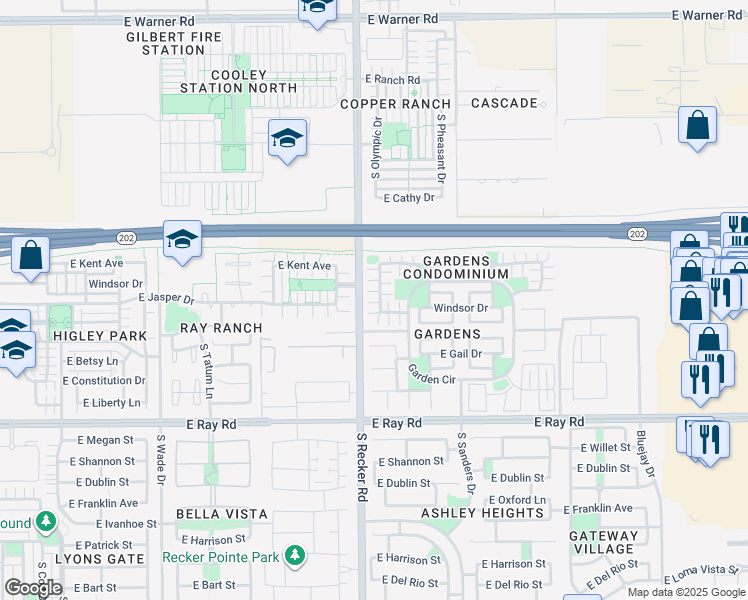 map of restaurants, bars, coffee shops, grocery stores, and more near 1374 South Sabino Drive in Gilbert