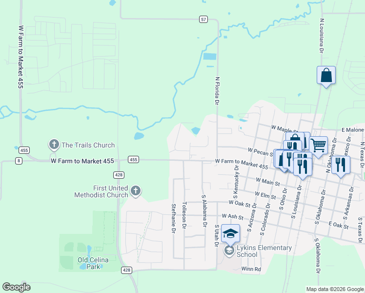map of restaurants, bars, coffee shops, grocery stores, and more near 112 South Hillside Street in Celina
