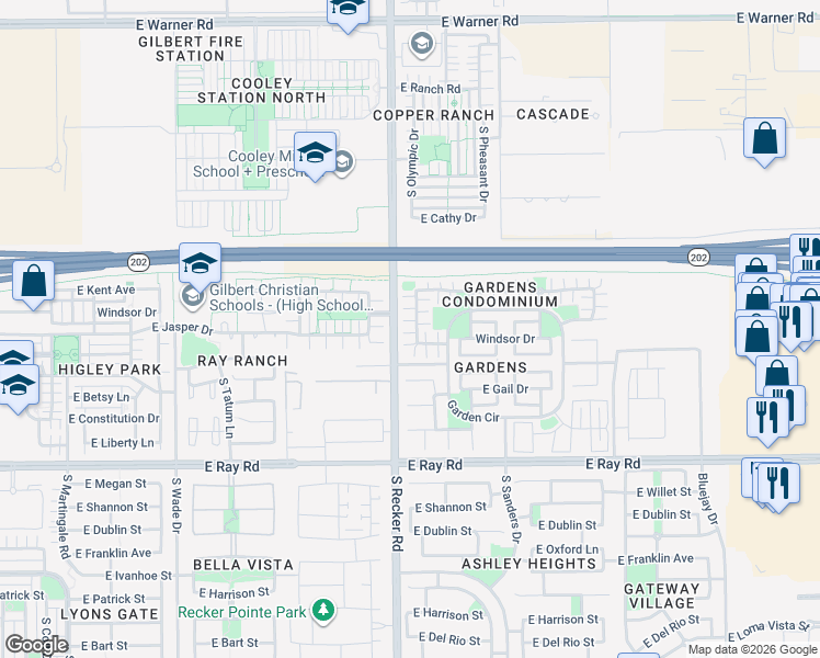 map of restaurants, bars, coffee shops, grocery stores, and more near 1374 South Sabino Drive in Gilbert