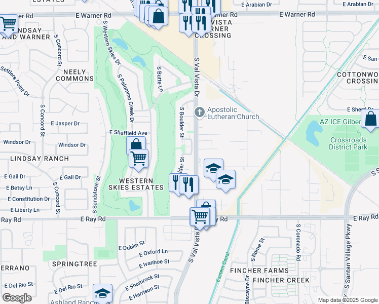 map of restaurants, bars, coffee shops, grocery stores, and more near 1575 East Baylor Lane in Gilbert