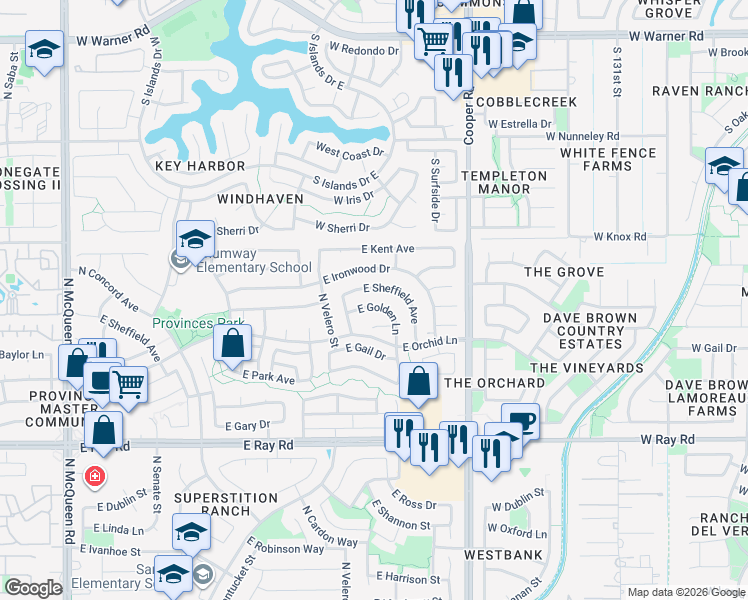 map of restaurants, bars, coffee shops, grocery stores, and more near 1621 East Golden Lane in Chandler