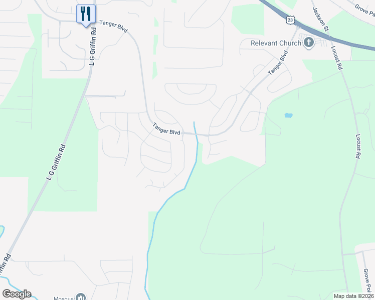 map of restaurants, bars, coffee shops, grocery stores, and more near 437 Kirkland Drive in Locust Grove