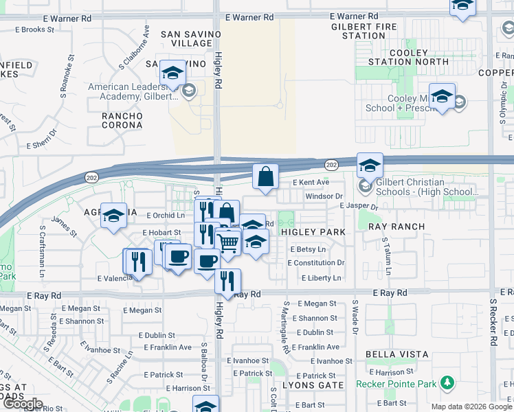 map of restaurants, bars, coffee shops, grocery stores, and more near 3320 East Jasper Drive in Gilbert