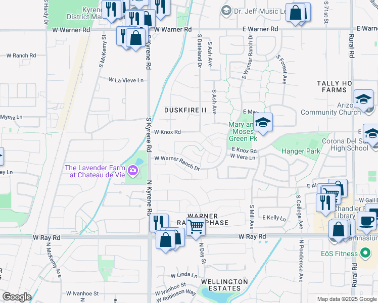 map of restaurants, bars, coffee shops, grocery stores, and more near 224 West Courtney Lane in Tempe
