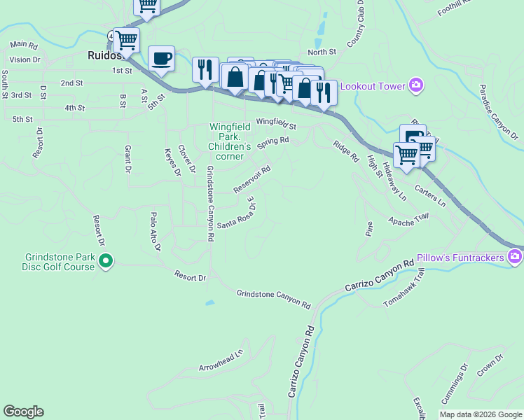 map of restaurants, bars, coffee shops, grocery stores, and more near 750-798 Center St in Ruidoso
