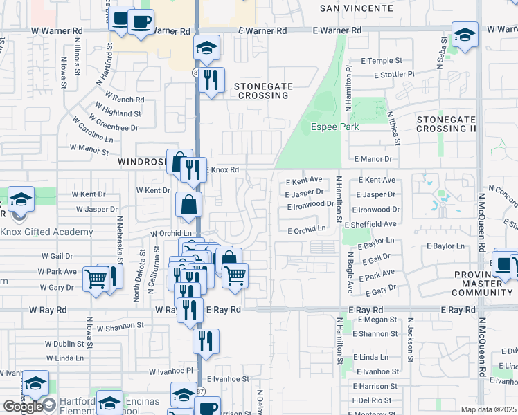 map of restaurants, bars, coffee shops, grocery stores, and more near 1255 North Arizona Avenue in Chandler