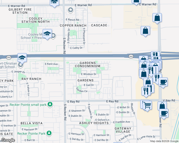 map of restaurants, bars, coffee shops, grocery stores, and more near 1354 South Longspur Lane in Gilbert