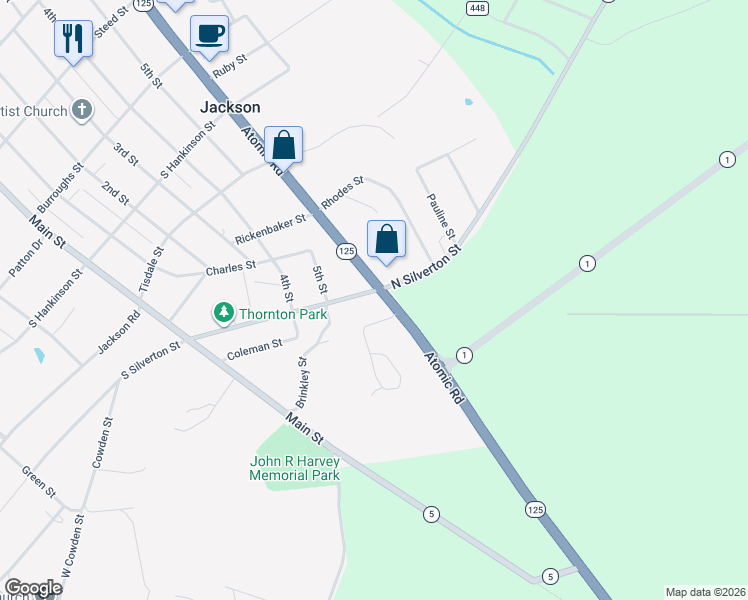 map of restaurants, bars, coffee shops, grocery stores, and more near 19460 Atomic Road in Jackson