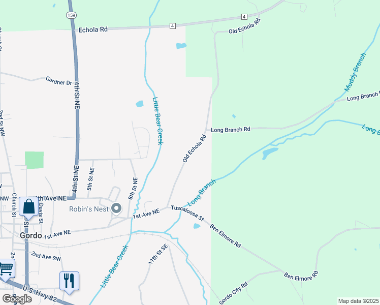 map of restaurants, bars, coffee shops, grocery stores, and more near County Road 106 in Gordo