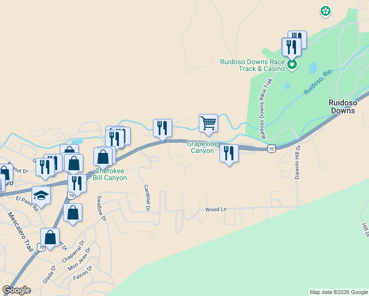 map of restaurants, bars, coffee shops, grocery stores, and more near 26164 U.S. 70 in Ruidoso Downs