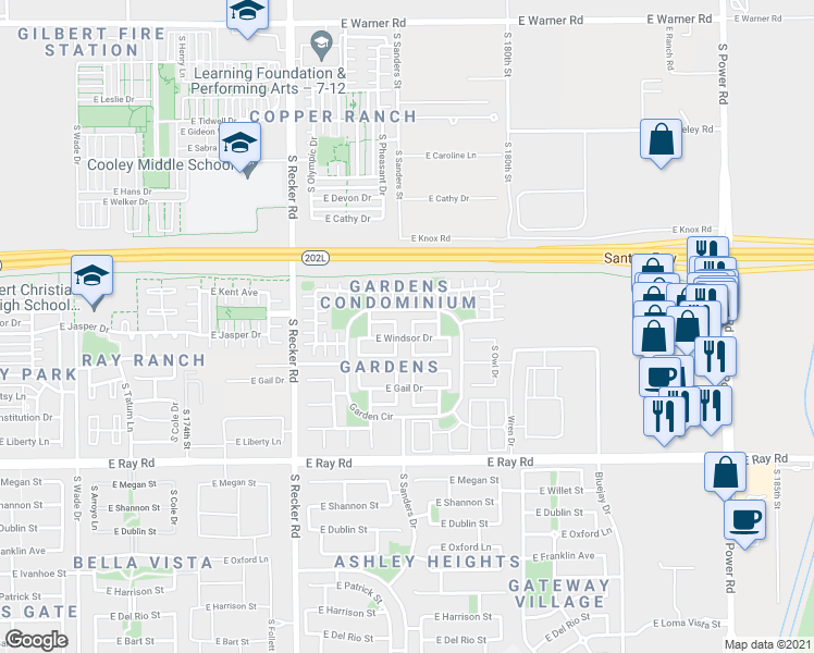 map of restaurants, bars, coffee shops, grocery stores, and more near 1354 South Longspur Lane in Gilbert