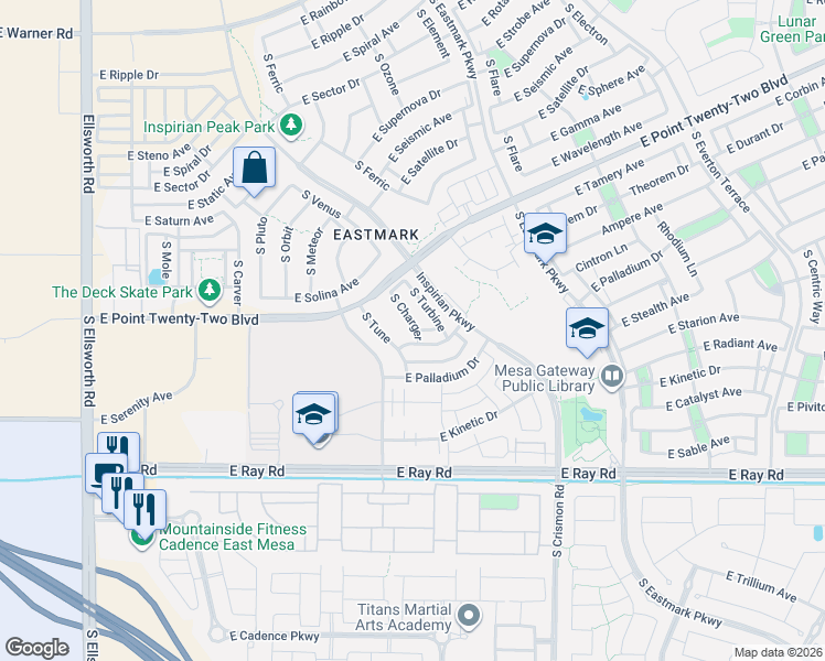 map of restaurants, bars, coffee shops, grocery stores, and more near 9803 East Suburban Drive in Mesa