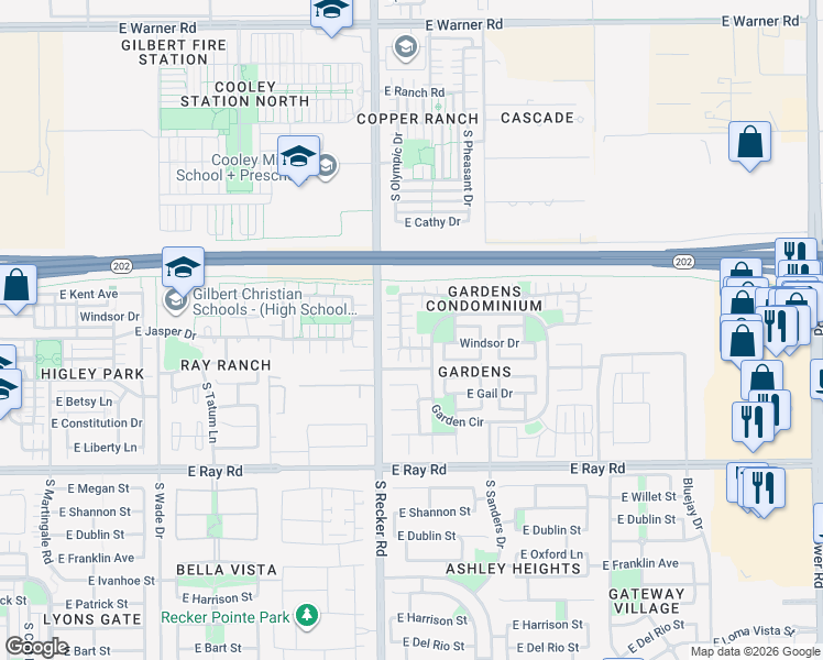 map of restaurants, bars, coffee shops, grocery stores, and more near 1374 South Sabino Drive in Gilbert
