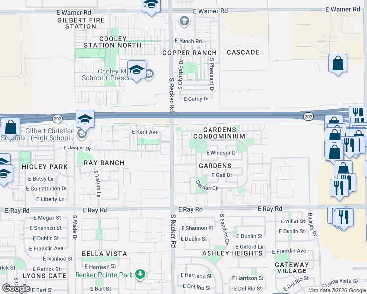 map of restaurants, bars, coffee shops, grocery stores, and more near 1374 South Sabino Drive in Gilbert