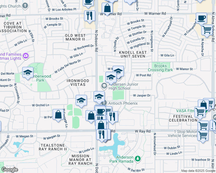 map of restaurants, bars, coffee shops, grocery stores, and more near in Chandler
