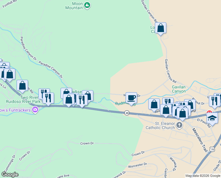 map of restaurants, bars, coffee shops, grocery stores, and more near 125 Meander Drive in Ruidoso