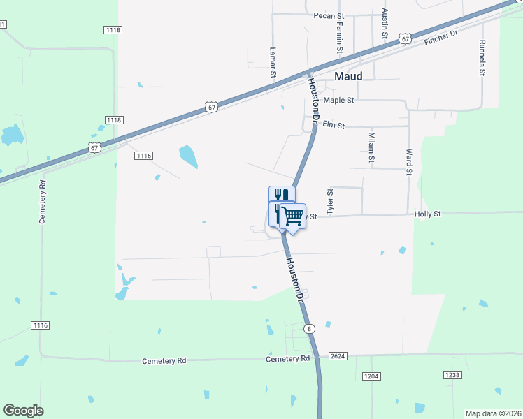 map of restaurants, bars, coffee shops, grocery stores, and more near 389 Houston St in Maud
