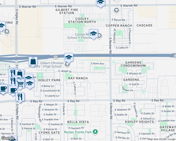 map of restaurants, bars, coffee shops, grocery stores, and more near 3807 East Jasper Drive in Gilbert