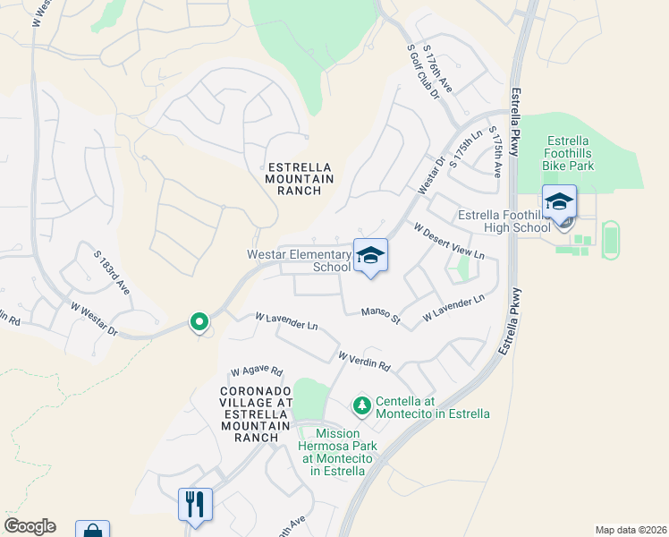map of restaurants, bars, coffee shops, grocery stores, and more near 17829 West Buckhorn Drive in Goodyear