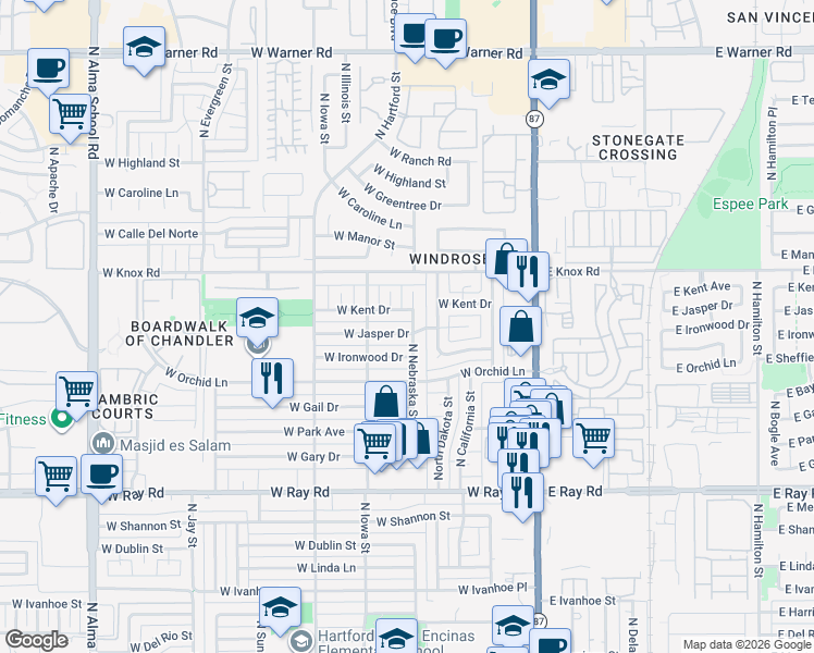 map of restaurants, bars, coffee shops, grocery stores, and more near 1228 North Dakota Street in Chandler