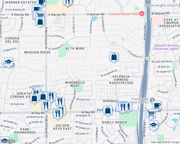 map of restaurants, bars, coffee shops, grocery stores, and more near 3541 West Ironwood Drive in Chandler