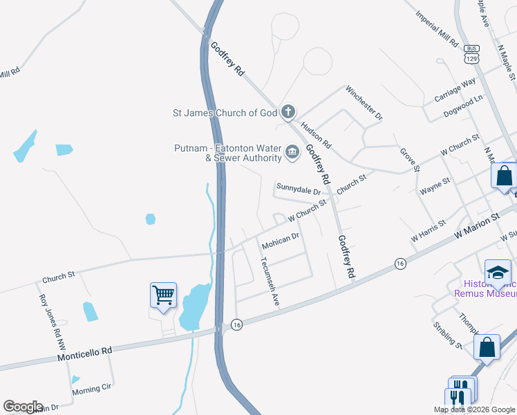 map of restaurants, bars, coffee shops, grocery stores, and more near 109 Milton Drive in Eatonton