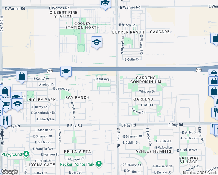 map of restaurants, bars, coffee shops, grocery stores, and more near 1371 South Joshua Tree Lane in Gilbert