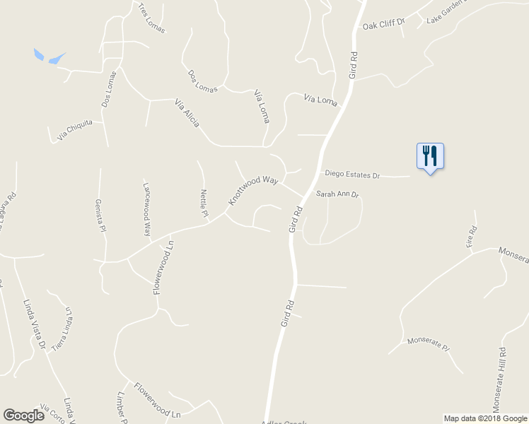 map of restaurants, bars, coffee shops, grocery stores, and more near 3133 Larkwood Court in Fallbrook