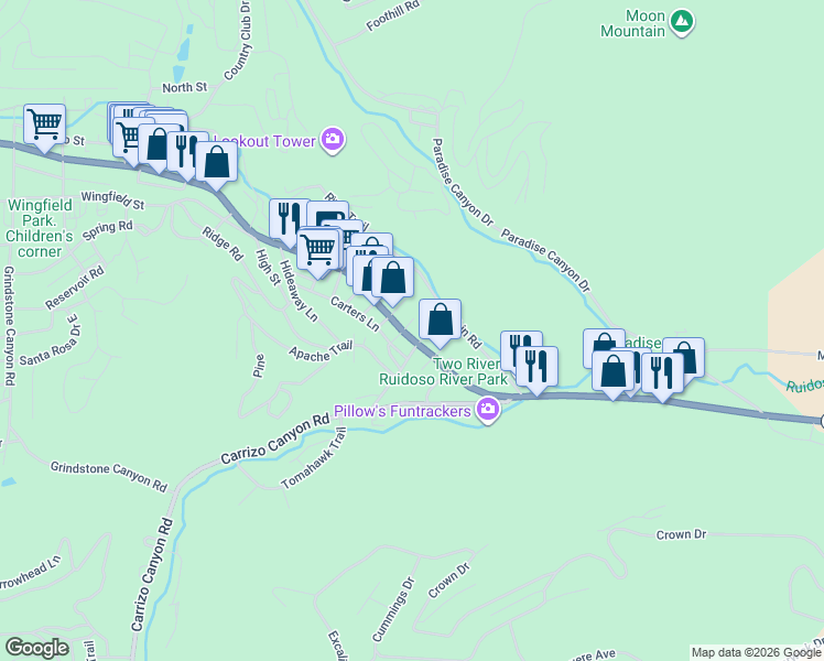 map of restaurants, bars, coffee shops, grocery stores, and more near 115 Carters Lane in Ruidoso