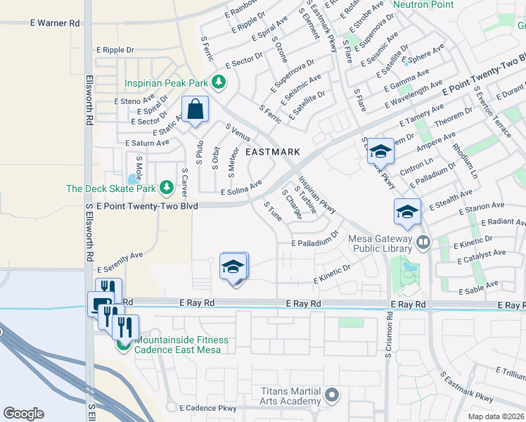 map of restaurants, bars, coffee shops, grocery stores, and more near 4906 S Tune in Mesa