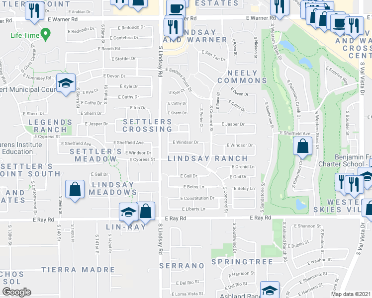 map of restaurants, bars, coffee shops, grocery stores, and more near 897 East Baylor Lane in Gilbert