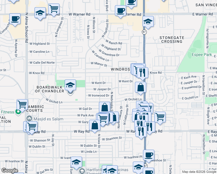 map of restaurants, bars, coffee shops, grocery stores, and more near 459 West Jasper Drive in Chandler