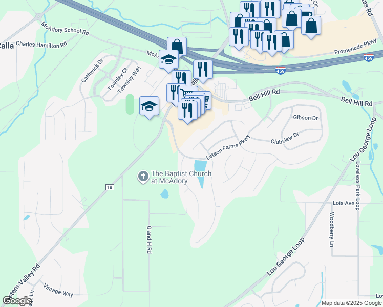 map of restaurants, bars, coffee shops, grocery stores, and more near 4872 Longmeadow Drive in Bessemer