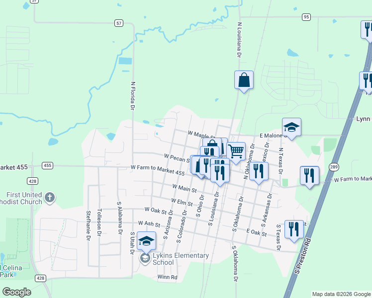 map of restaurants, bars, coffee shops, grocery stores, and more near 403 West Pecan Street in Celina