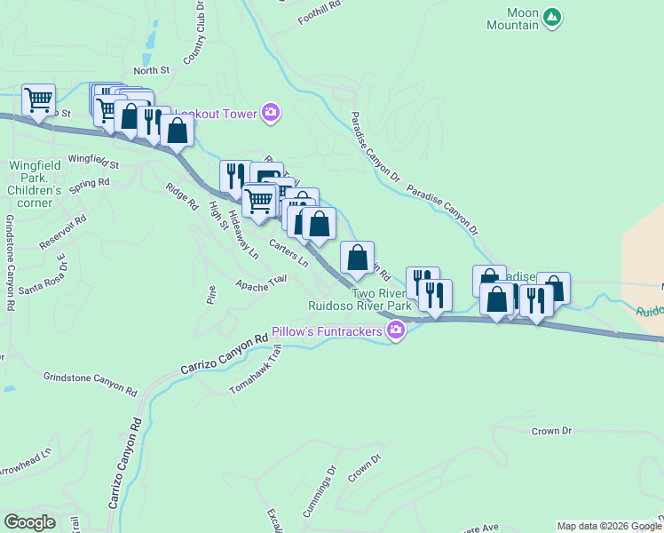 map of restaurants, bars, coffee shops, grocery stores, and more near 115 Carters Lane in Ruidoso