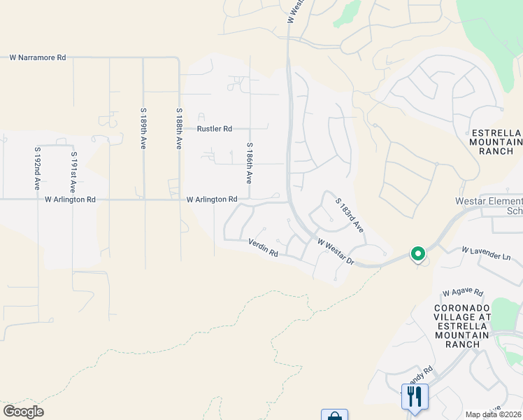 map of restaurants, bars, coffee shops, grocery stores, and more near 13401 South 185th Avenue in Goodyear