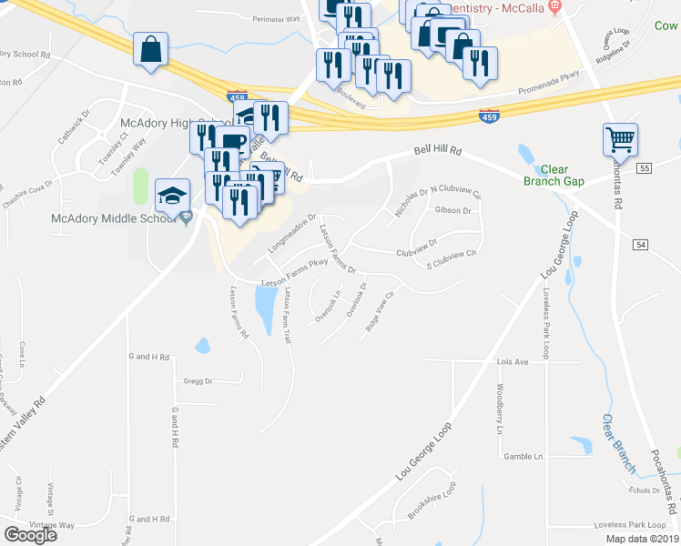 map of restaurants, bars, coffee shops, grocery stores, and more near 6005 Overlook Lane in Bessemer