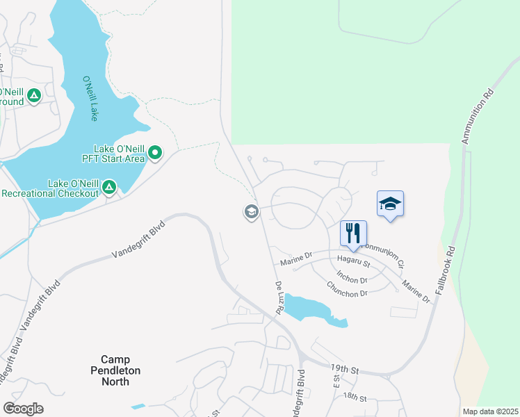 map of restaurants, bars, coffee shops, grocery stores, and more near De Luz Road in Oceanside