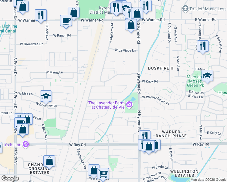 map of restaurants, bars, coffee shops, grocery stores, and more near 6240 West Corona Drive in Chandler
