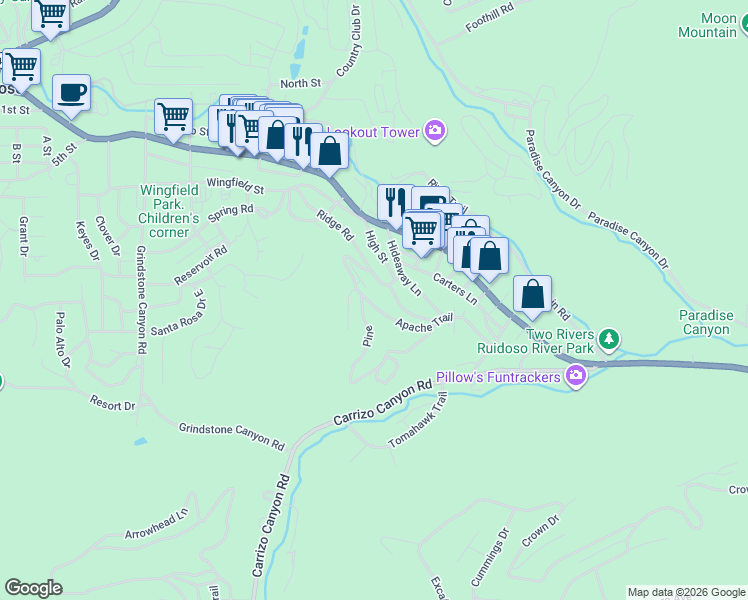 map of restaurants, bars, coffee shops, grocery stores, and more near Ridge Road in Ruidoso