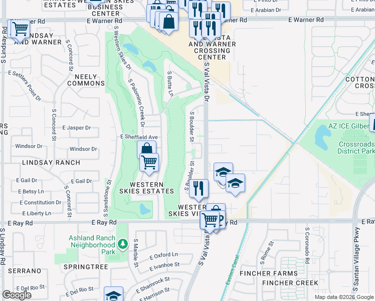 map of restaurants, bars, coffee shops, grocery stores, and more near 1260 South Boulder Street in Gilbert